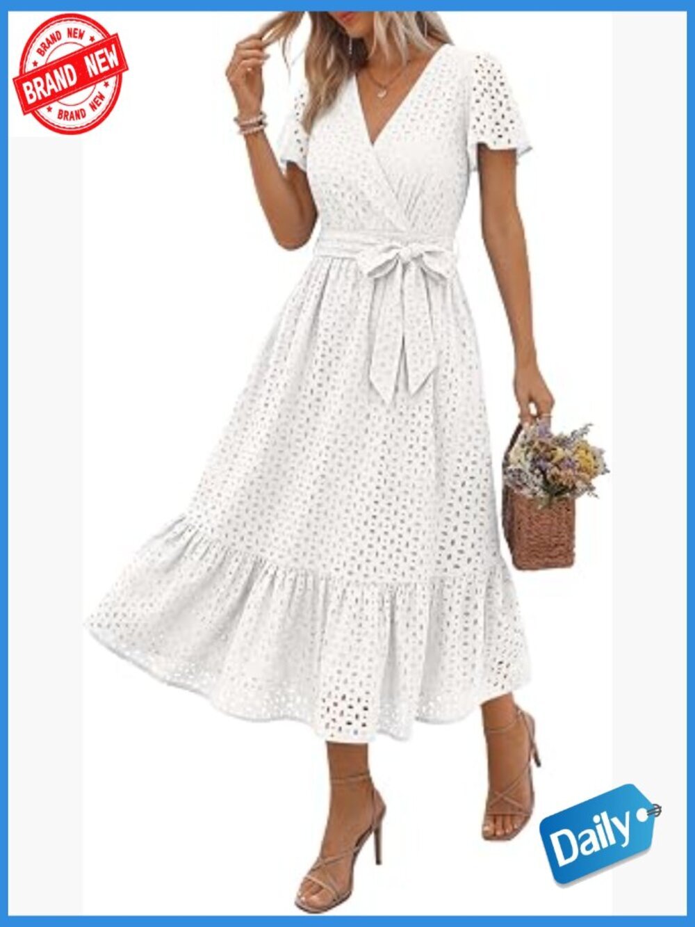 Womens Midi A-Line Dress with Pockets Short Sleeve V-Neck Eyelet Cotton